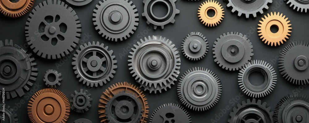 A collection of various gears showcasing intricate designs and textures on a dark background, perfect for industrial themes. A collection of various gears showcasing intricate designs and textures on a dark background, perfect for industrial themes.