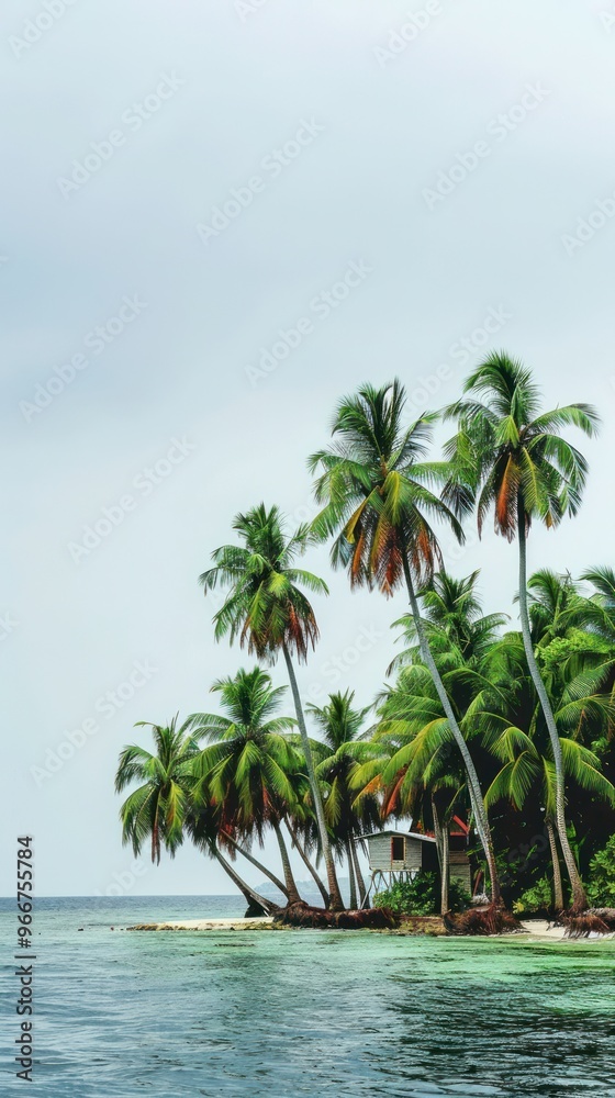 Tropical beach with palm trees and a small hut. Tropical beach with palm trees and a small hut.