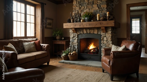 Open hearth fireplace flames. A traditional hearth fire burns openly, crackling warmly and radiating warmth throughout the room, creating a welcoming atmosphere. Realistic style. photo