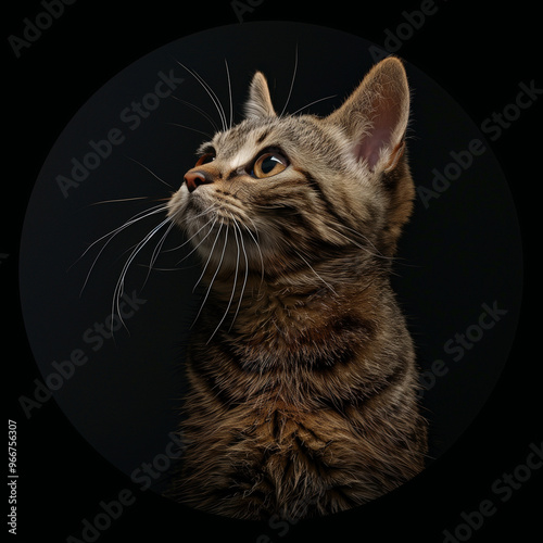 Tabby Cat Looking Up in Circular Frame with Dramatic Lighting
