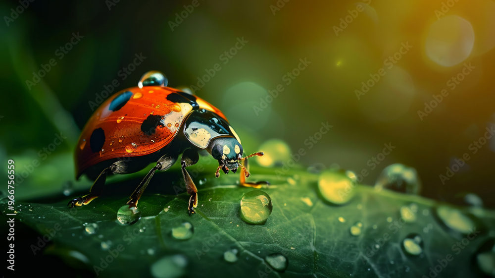 Spotted ladybug crawls on dewy green leaf Spotted ladybug crawls on dewy green leaf