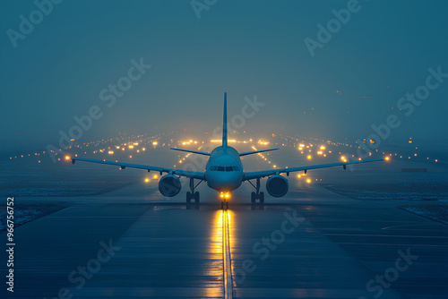 A plane on a runway illuminated by lights in a foggy atmosphere.