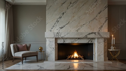 Elegant marble fireplace flames. Fire burns gracefully in a sleek marble fireplace, with refined design and a luxurious atmosphere. Realistic style. photo