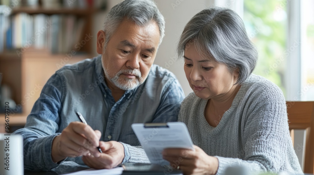 Senior couple reviewing their savings plan after retirement together, saving concept. Senior couple reviewing their savings plan after retirement together, saving concept.