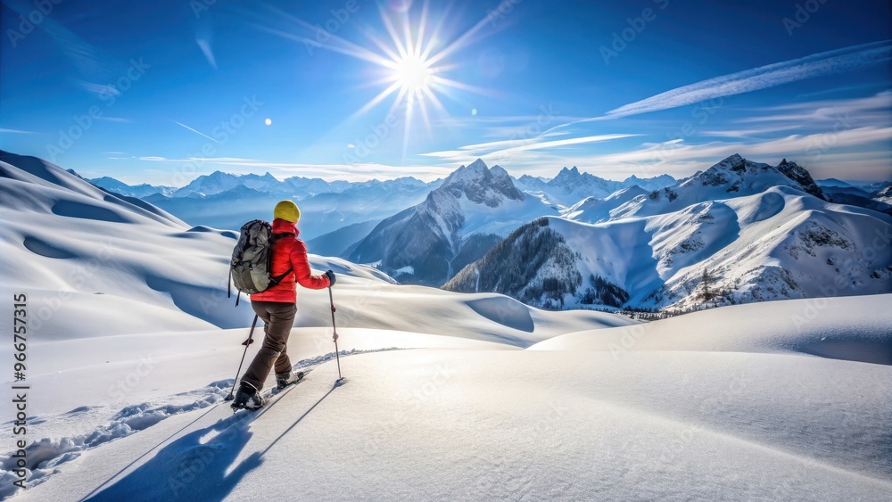 Snowshoeing in the Alps, a person trekking through snowy mountains with snowshoes , winter, adventure, snow, mountains, hiking Snowshoeing in the Alps, a person trekking through snowy mountains with snowshoes , winter, adventure, snow, mountains, hiking