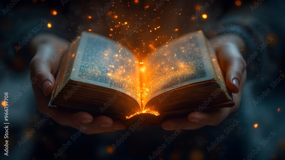 Obraz premium Hands Holding an Open Book Emitting Mystical Rays of Light and Energy