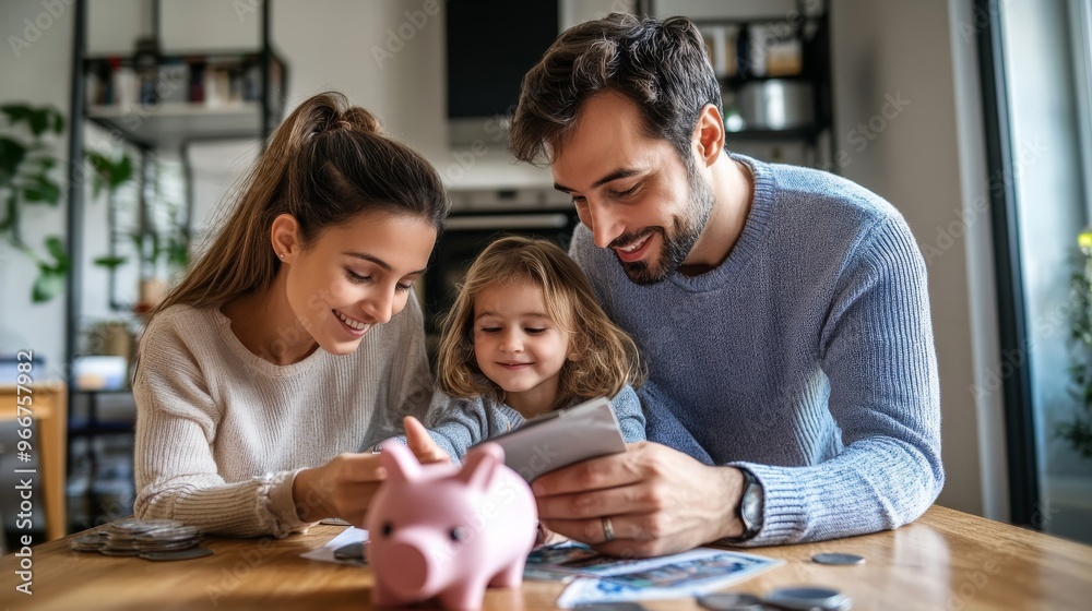 Obraz premium Happy family planning their emergency fund savings together at home, saving concept.