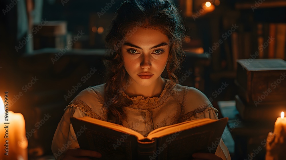 Young Woman Reading Book by Candlelight in Cozy Indoors Setting Young Woman Reading Book by Candlelight in Cozy Indoors Setting