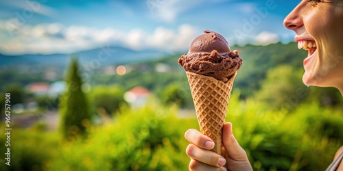 Indulge in a creamy chocolate ice cream cone on a summer day , chocolate, cream, ice cream, cone, delicious, sweet, dessert