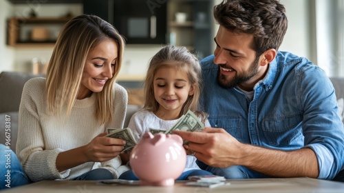 Family saving money together at home, planning future, saving concept.