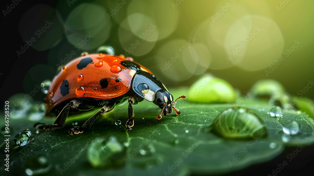 Spotted ladybug crawls on dewy green leaf Spotted ladybug crawls on dewy green leaf