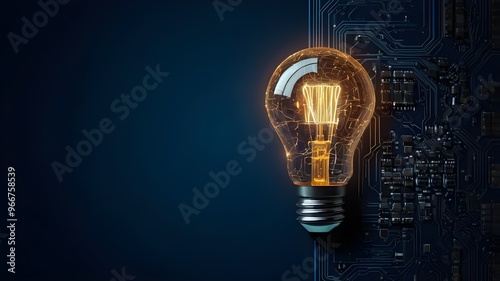 Glowing light bulb with circuit board inside on dark blue background, mockup. Innovation concept. Generative AI
