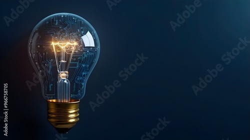 Glowing light bulb with circuit board inside on dark blue background, mockup. Innovation concept. Generative AI
