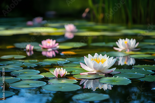 A serene pond with blooming water lilies reflecting in calm water.