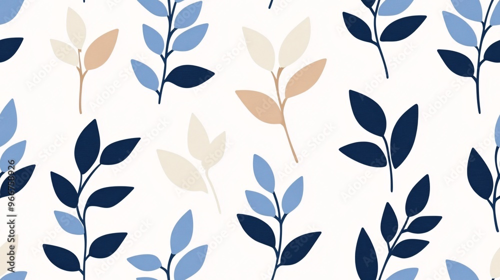 Serene Botanical Symphony: A seamless pattern of stylized leaves in tranquil blue and beige hues dances across a pristine white background, evoking a sense of natural elegance and minimalist charm. 