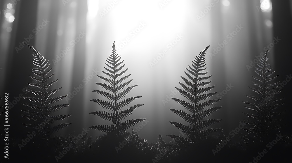 Fototapeta premium Three fern fronds stand in a misty forest with the sun shining through the trees.