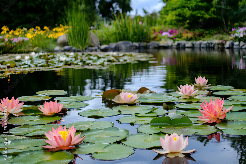 A serene pond with blooming water lilies surrounded by lush greenery and colorful flowers.