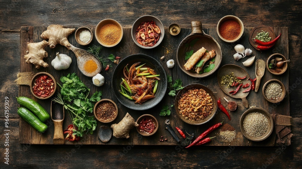 Assortment of Spices, Herbs, and Ingredients on Wooden Board Assortment of Spices, Herbs, and Ingredients on Wooden Board