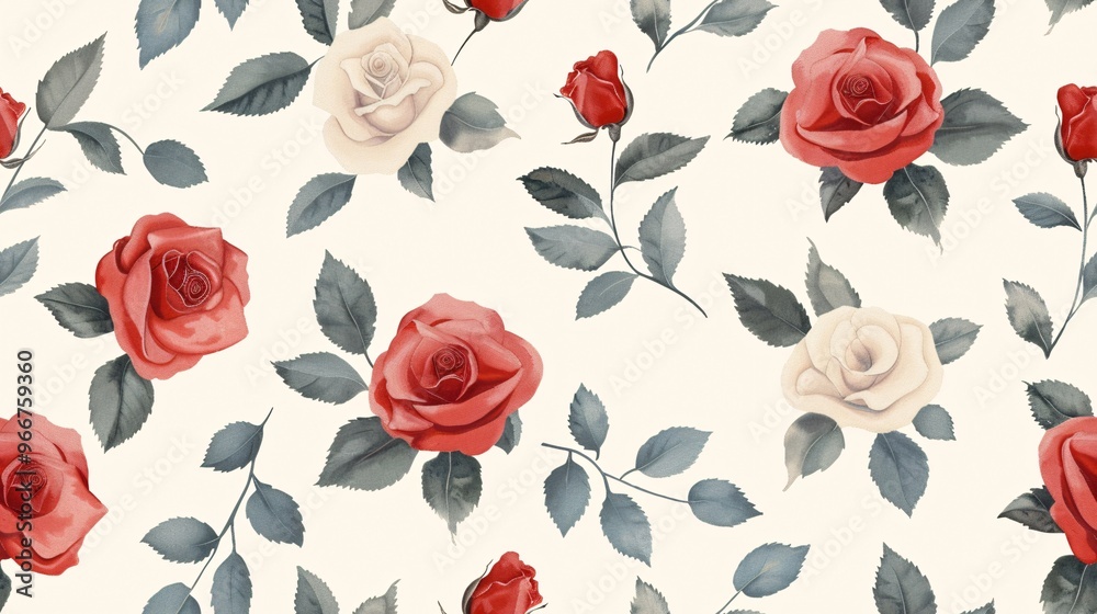 Red and White Rose Pattern: A delicate and romantic floral pattern featuring watercolor red and white roses with green leaves on a cream background. Perfect for wedding invitations, romantic stationer Red and White Rose Pattern: A delicate and romantic floral pattern featuring watercolor red and white roses with green leaves on a cream background. Perfect for wedding invitations, romantic stationer