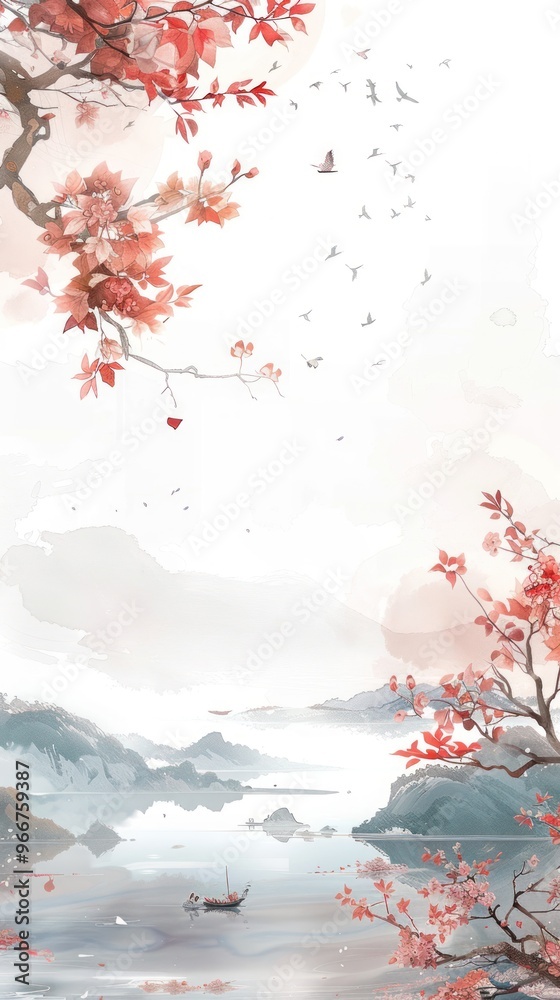 Watercolor Painting of a Tranquil Landscape with Birds Flying Over a Mountain Lake. Watercolor Painting of a Tranquil Landscape with Birds Flying Over a Mountain Lake.
