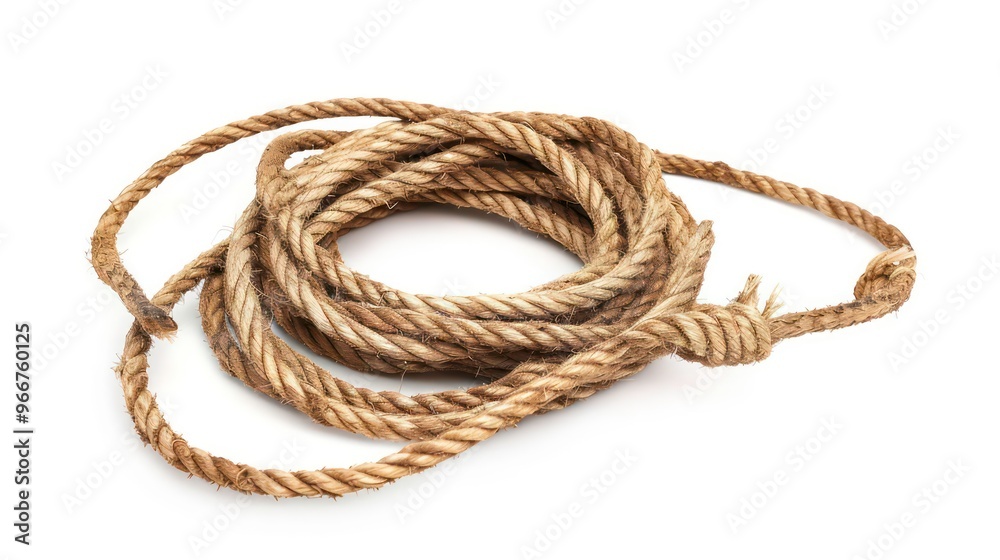 A coil of thick, brown rope isolated on a white background. A coil of thick, brown rope isolated on a white background.