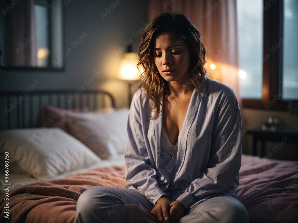 Fototapeta premium Woman Suffering From Depression Sitting On Bed