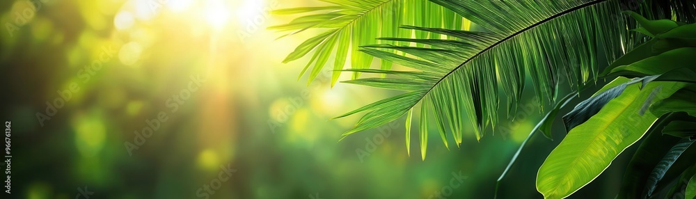Obraz premium A serene close-up of lush green leaves illuminated by soft sunlight, creating a tranquil atmosphere in a natural environment.