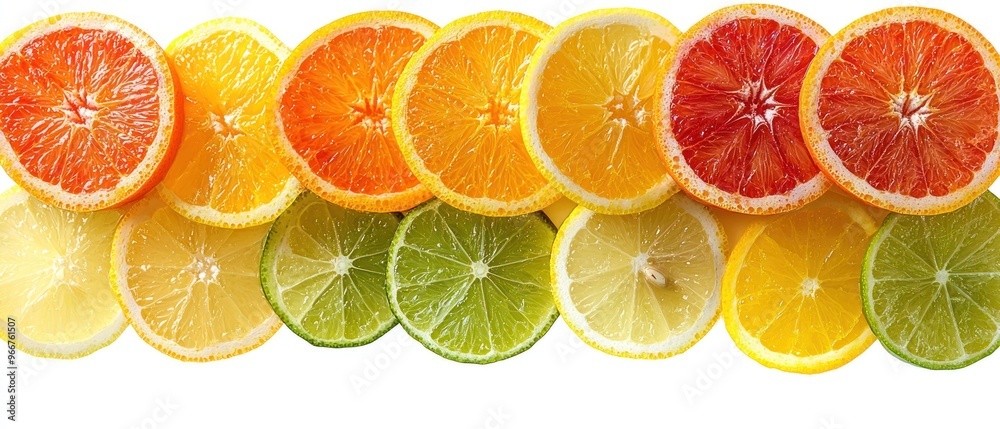 A Row of Citrus Fruit Slices in Vibrant Colors A Row of Citrus Fruit Slices in Vibrant Colors