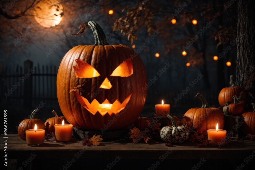Halloween pumpkin with burning candles, Spooky Forest with a full moon and wooden table, Halloween pumpkin with burning candles, Spooky Forest with a full moon and wooden table,