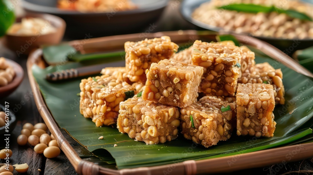 A plate of tempeh, a traditional Indonesian food made from fermented soybeans, is displayed on a banana leaf. A plate of tempeh, a traditional Indonesian food made from fermented soybeans, is displayed on a banana leaf.
