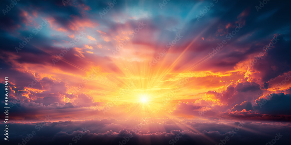 A beautiful blue sky with sun rays illuminating the clouds from behind.