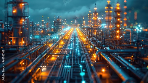 oil and gas complex with glowing lines. backdrop of industrial machinery and futuristic energy towers