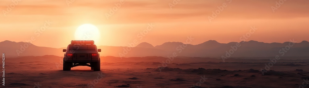 A rugged vehicle parked against a stunning sunset, showcasing the beauty of adventure and exploration in a serene landscape.