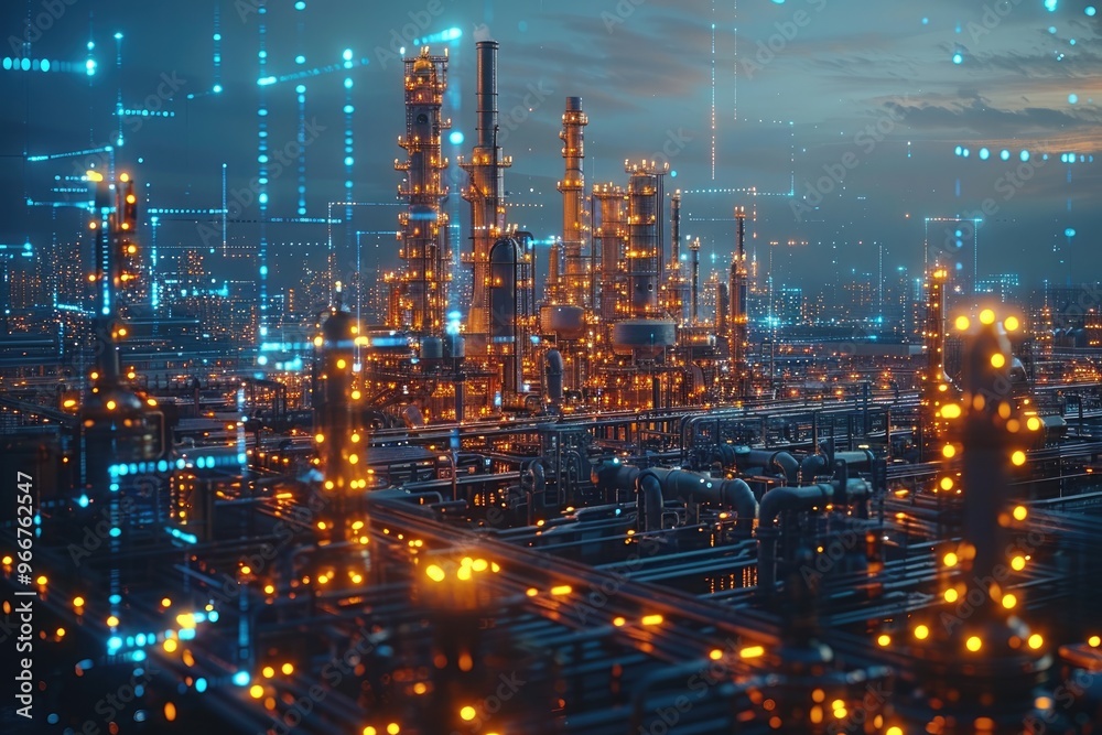 Fototapeta premium oil and gas complex with glowing lines. backdrop of industrial machinery and futuristic energy towers