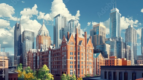 Vibrant City Skyline with Iconic Architecture and Cloud-Filled Sky