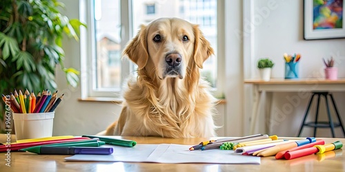 Adorable golden retriever sits beside a desk cluttered with colorful pencils, sketchbooks, and crumpled paper, as if waiting for its owner to resume creative endeavors. photo