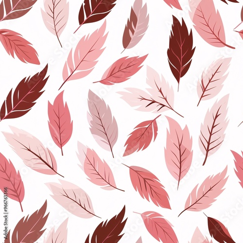 Autumn Hues: Seamless pattern of delicate pink and red autumn leaves cascading on a pristine white background, perfect for fall-themed designs. 