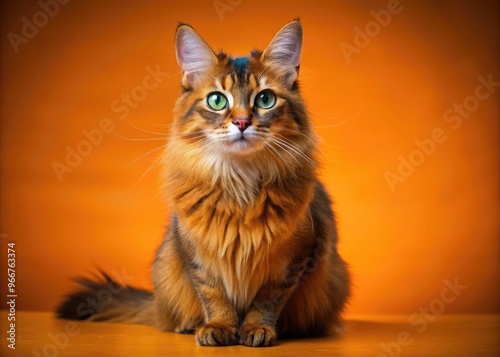 Adorable Somali cat with striking blue eyes and silky, fluffy coat poses regally on a vibrant orange background, showcasing its majestic beauty. photo