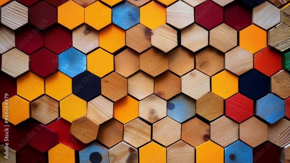 Colorful wall featuring a geometric pattern of hexagons made of wood, creating an interesting play of light and shadows with its texture Colorful wall featuring a geometric pattern of hexagons made of wood, creating an interesting play of light and shadows with its texture