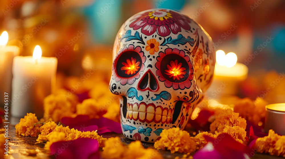 Close-up of a painted sugar skull, featuring intricate designs and bright colors, surrounded by marigold petals and candles, with a blurred background of traditional offerings Close-up of a painted sugar skull, featuring intricate designs and bright colors, surrounded by marigold petals and candles, with a blurred background of traditional offerings