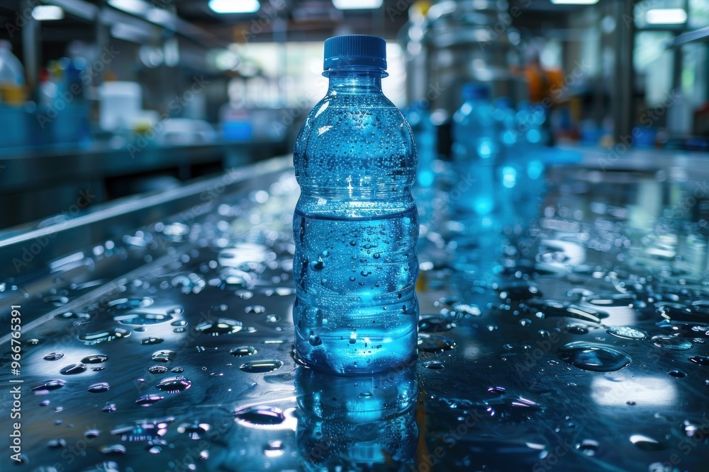 A single plastic bottle of water stands on a conveyor belt in a factory, with water droplets surrounding it, highlighting the process of manufacturing and packaging. A single plastic bottle of water stands on a conveyor belt in a factory, with water droplets surrounding it, highlighting the process of manufacturing and packaging.