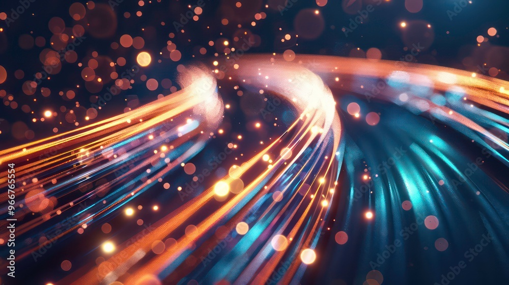 Fototapeta premium Abstract glowing lines and bokeh lights swirl in a dynamic, futuristic composition.