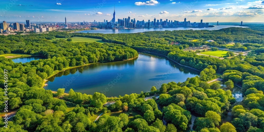 Aerial view of the South Mountain Reservation's lush green forests and serene lakes, with the Manhattan skyline visible on the distant horizon. Aerial view of the South Mountain Reservation's lush green forests and serene lakes, with the Manhattan skyline visible on the distant horizon.