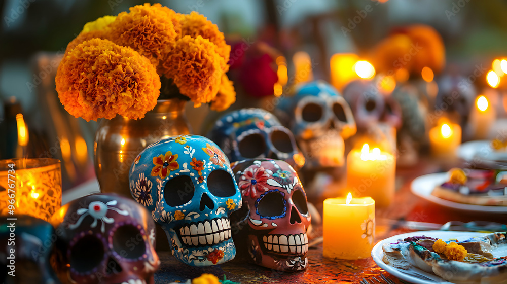 Fototapeta premium A long table filled with decorated sugar skulls of various sizes and colors, placed next to candles, marigolds, and traditional Mexican food, ready for a Day of the Dead celebration