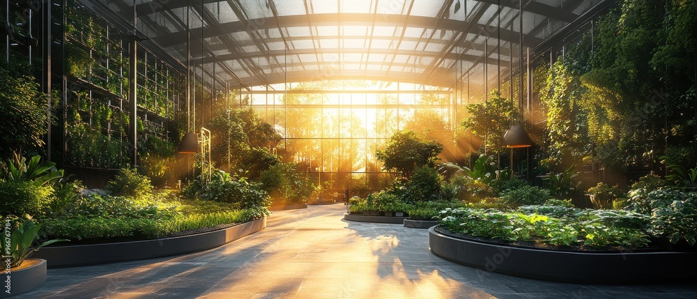 Sunlit Interior Garden with Green Walls and Stone Pathway Sunlit Interior Garden with Green Walls and Stone Pathway