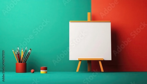 A blank canvas on an easel with vibrant walls and art supplies, perfect for creativity and artistic inspiration. photo