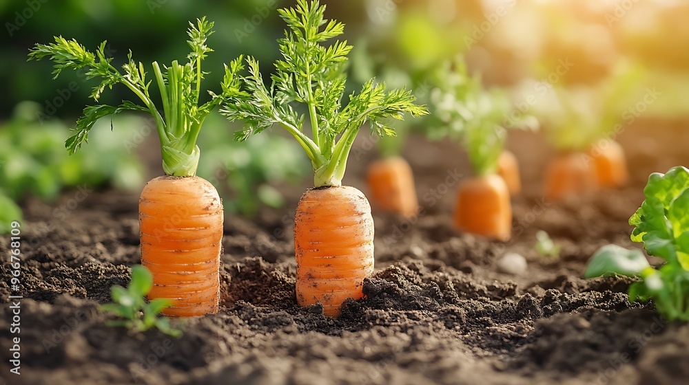 Close-up of fresh carrots growing in soil. Close-up of fresh carrots growing in soil.