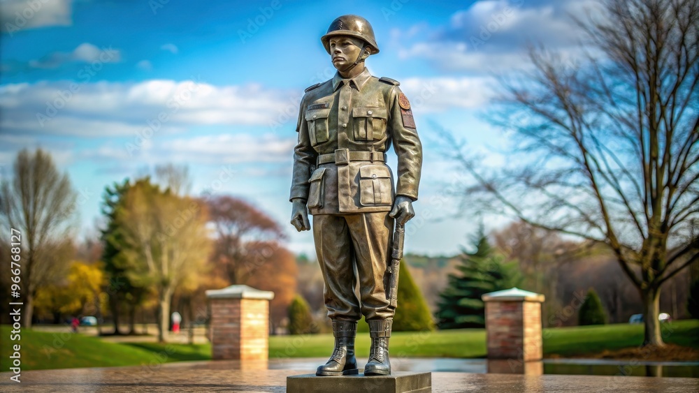 Naklejka premium Statue of soldier standing at attention in military uniform, soldier, statue, military, uniform, honor, valor, patriotism