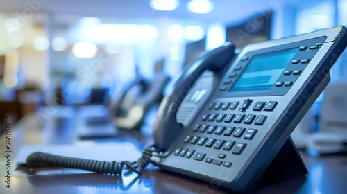 A close-up of a modern office phone on a desk with a blurred background of other phones.