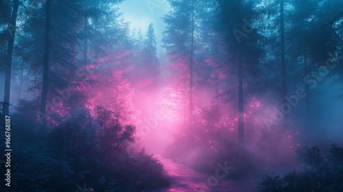 Mystical Forest Path with Pink Mist and Glowing Lights